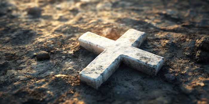 Weathered stone cross resting on cracked earth illuminated by soft light during twilight hours photo