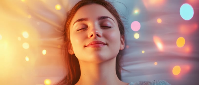 A serene woman lies peacefully on a bed, illuminated by soft lights, conveying a sense of tranquility and relaxation. photo