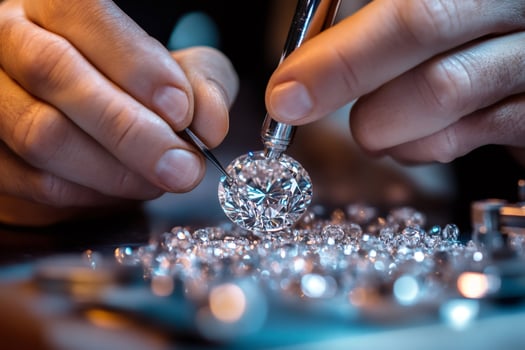 Jeweler carefully examining large diamond with tweezers and tool photo