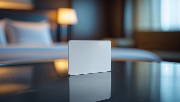 Blank card placed on a table in a modern hotel room at night, highlighting the cozy atmosphere and elegant interior design photo