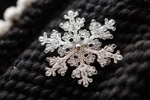 Close up macro photograph of snowflake resting on black woolen fabric photo