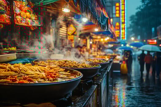 Street food stalls steaming on rainy night in asian market photo