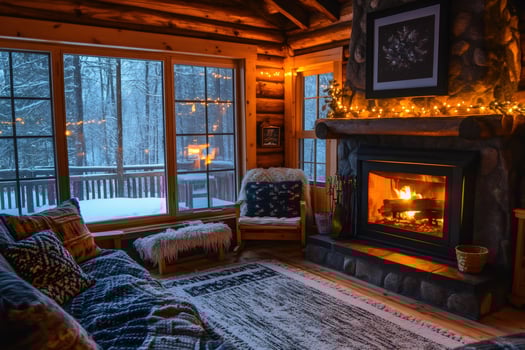 Warm fire burning in fireplace of cozy winter cabin with snowy view photo