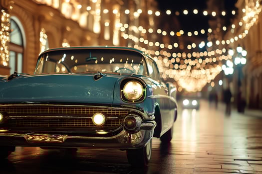 Classic car parked on city street with festive lights at night photo