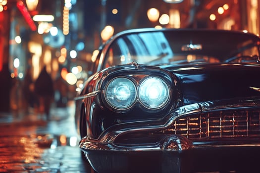 Classic car shining brightly on a rainy city street at night photo