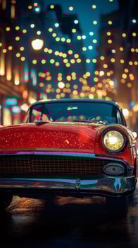 Red classic car parked on city street at night with bokeh lights photo