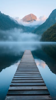 Wooden pier stretching into misty lake at sunrise with mountain peak photo