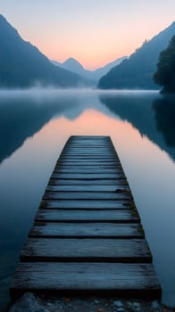 Wooden pier stretching into misty lake at sunrise photo
