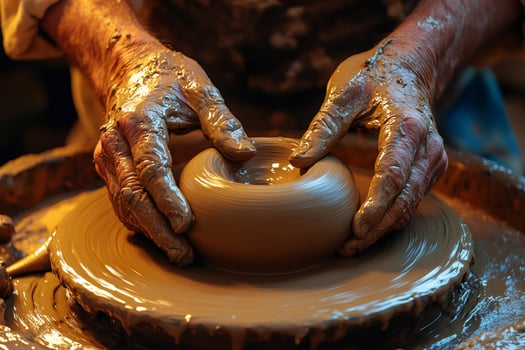 Potter creating clay vessel on pottery wheel photo