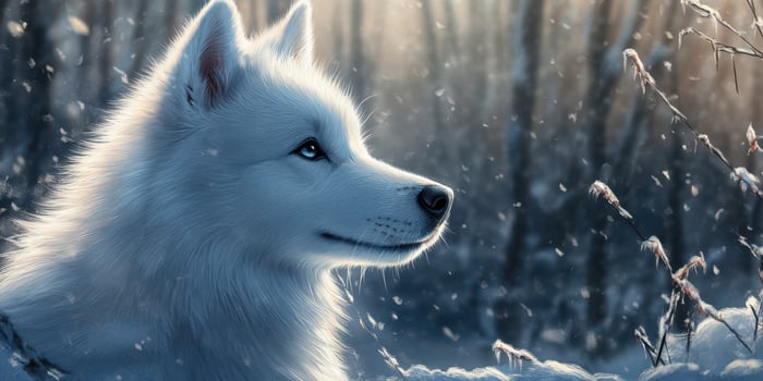 Majestic white wolf gazes serenely in snowy forest during twilight photo