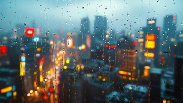Rain falling on window overlooking illuminated city at dusk photo