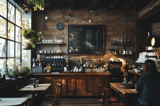Cozy coffee shop with exposed brick walls and vintage decor serving customers photo