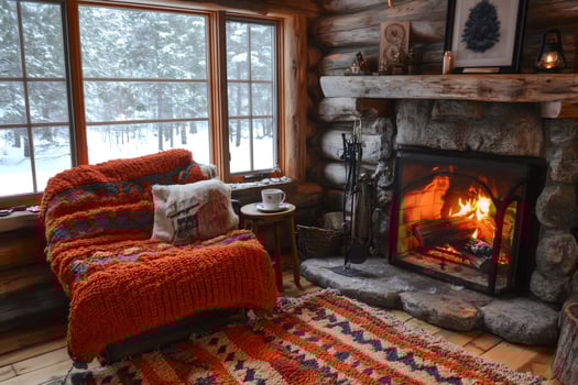Cozy rocking chair by burning fireplace in log cabin during winter photo