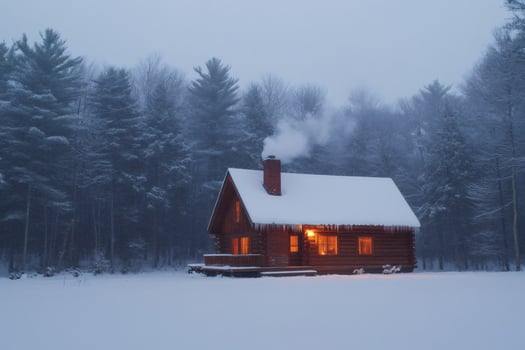 Cozy wooden cabin with smoking chimney in snowy winter wonderland photo
