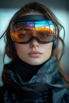 Portrait of a young woman wearing futuristic mirrored ski goggles with a city reflection photo