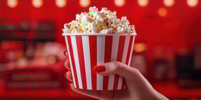 Hand holds a classic striped popcorn bucket against a vibrant red background in a cinema setting during a movie screening photo