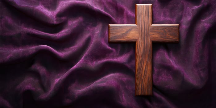 Wooden cross placed on deep purple fabric symbolizes faith and devotion during a spiritual moment photo