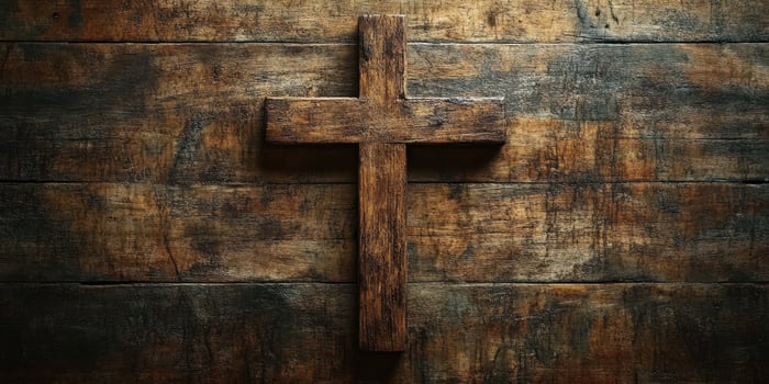 Rustic wooden cross mounted on weathered barn wood background creates a serene and spiritual atmosphere photo