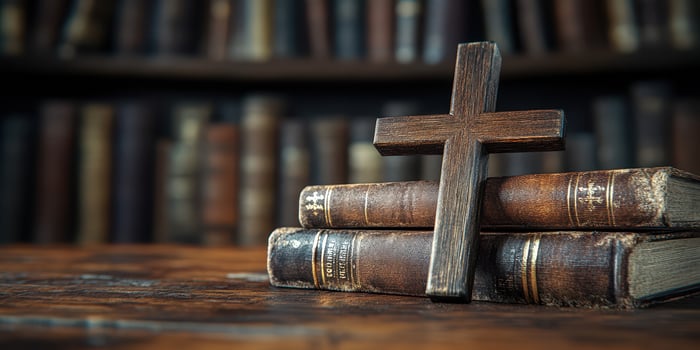 Wooden cross atop aged books in a library setting with dim lighting showcasing religious themes photo
