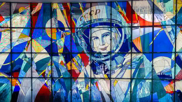 Yaroslavl, Russia 9 July 2024. Stained glass window with portrait of Valentina Tereshkova in Cultural and Educational Center with Planetarium photo