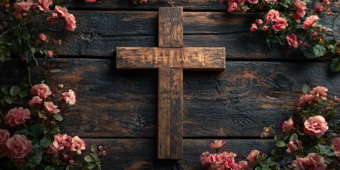 Wooden cross adorned with pink roses against a rustic wooden background in a serene setting photo