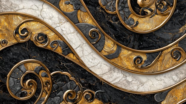 A black and gold marble wall with swirls photo