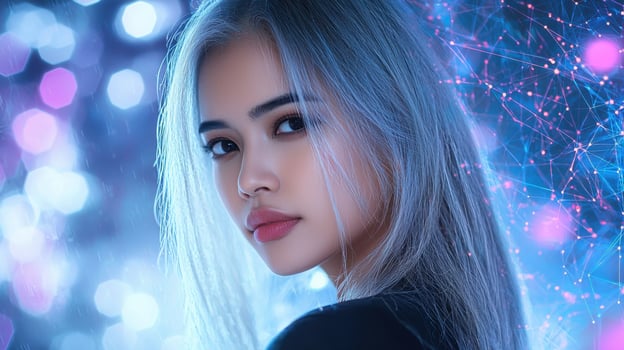 A beautiful woman with long hair and blue eyes photo