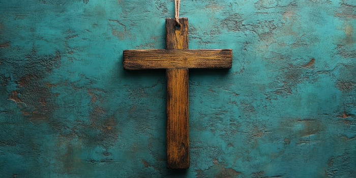 Wooden cross hanging on a textured blue background in a calm and serene setting photo