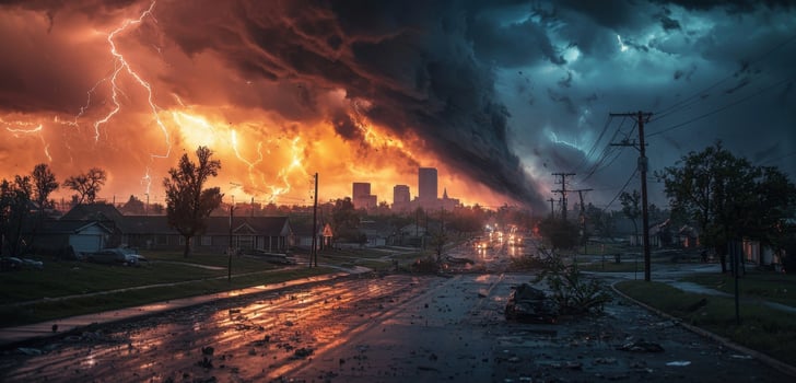 A tornado is seen in the sky over a city photo