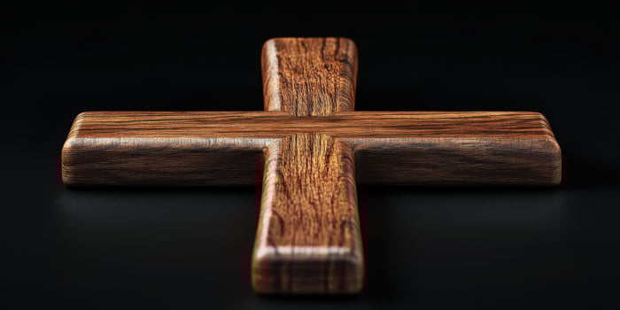 Dark wooden cross placed on a black surface highlighting its intricate grain and craftsmanship photo