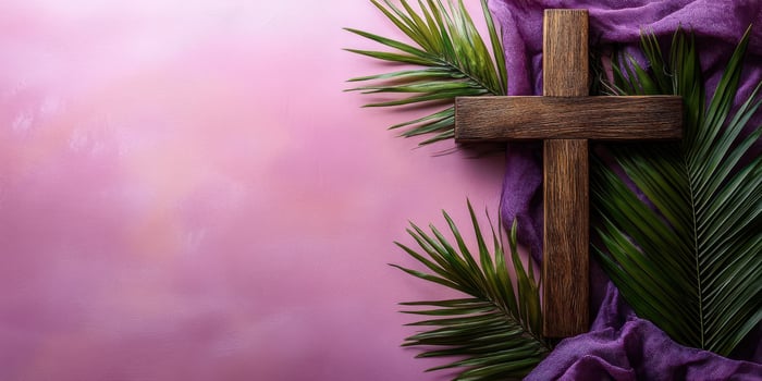 Wooden cross adorned with palm leaves and purple fabric on a softly lit background in preparation for Easter celebration photo