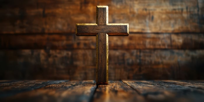 Wooden cross stands prominently on a rustic wooden table with warm lighting illuminating its features photo