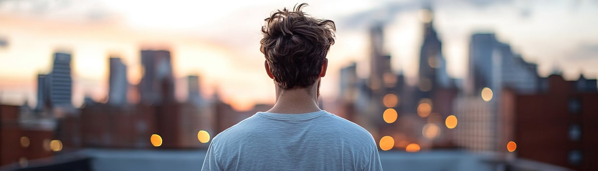 A stylish modern man stands on a rooftop, captivated by the glowing skyline of the city at dusk. The soft-focus lighting creates an atmospheric and cinematic ambiance photo