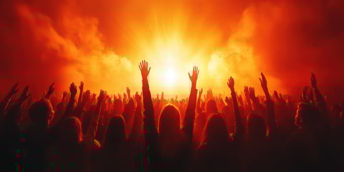 Crowd celebrating at a vibrant music festival during sunset in a lively outdoor setting filled with energy and excitement photo