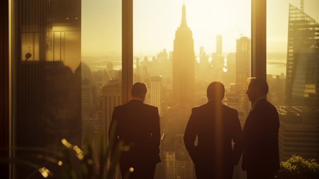 Three business people standing in front of a window with a view of the city photo