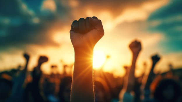 A person holding up their fist in the air at sunset photo