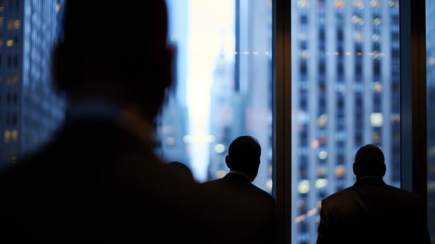 Business people looking out of a window at cityscape photo