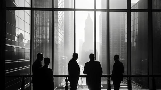 Silhouettes of business people standing in front of large windows photo