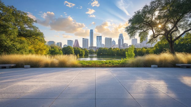A view of a city skyline from a park photo