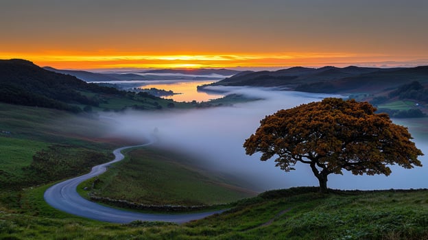 Serene Sunrise over Misty Valley Winding Road Autumn Tree Landscape photo
