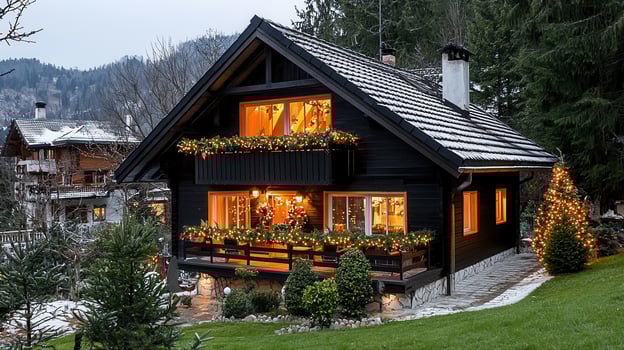 Cozy Black Wooden Chalet Decorated for Christmas Night Illuminated Winter Home Exterior Festive Lights and Snow photo