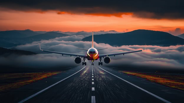Airplane Landing on Runway at Sunset Dramatic Cloudscape Scenic Mountain View Air Travel Transportation photo