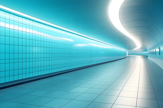 Futuristic Underground Tunnel with Blue Tiles and Curved Lighting for Modern Design Concepts photo