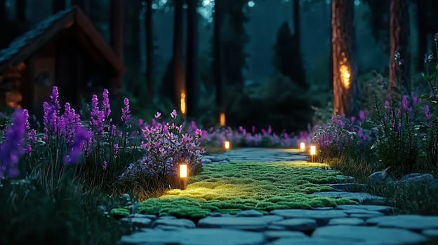 Enchanting Night Garden Path Illuminated Stone Walkway with Purple Flowers and Moss photo