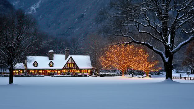 Festive Winter Scene Snow Covered House with Christmas Lights Illuminated Tree in Snowy Landscape photo