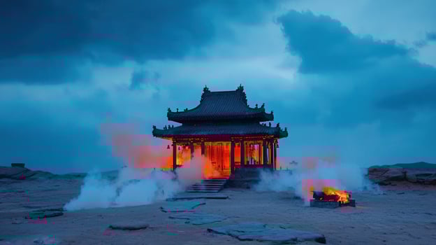 Mystical Asian Temple at Dusk Smoke and Fire Ceremony in Desert Landscape photo