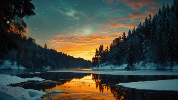 Stunning winter sunset over a frozen lake nestled in a snow covered pine forest under a starry night sky photo