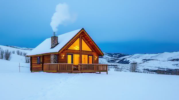 Cozy Wooden Cabin in Snowy Mountain Landscape at Dusk Winter Vacation Home photo