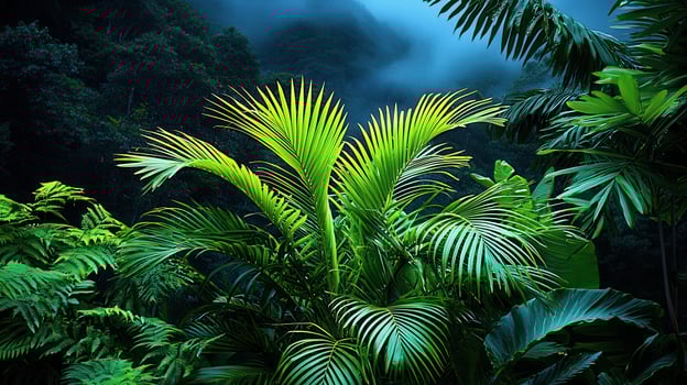 Lush Green Tropical Palm Trees and Ferns in a Vibrant Rainforest Setting A Stunning View of Nature s Beauty photo