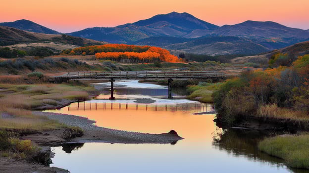 Scenic Autumn River Landscape with Bridge at Sunset Peaceful Nature Scene Colorful Fall Foliage Mountain View photo